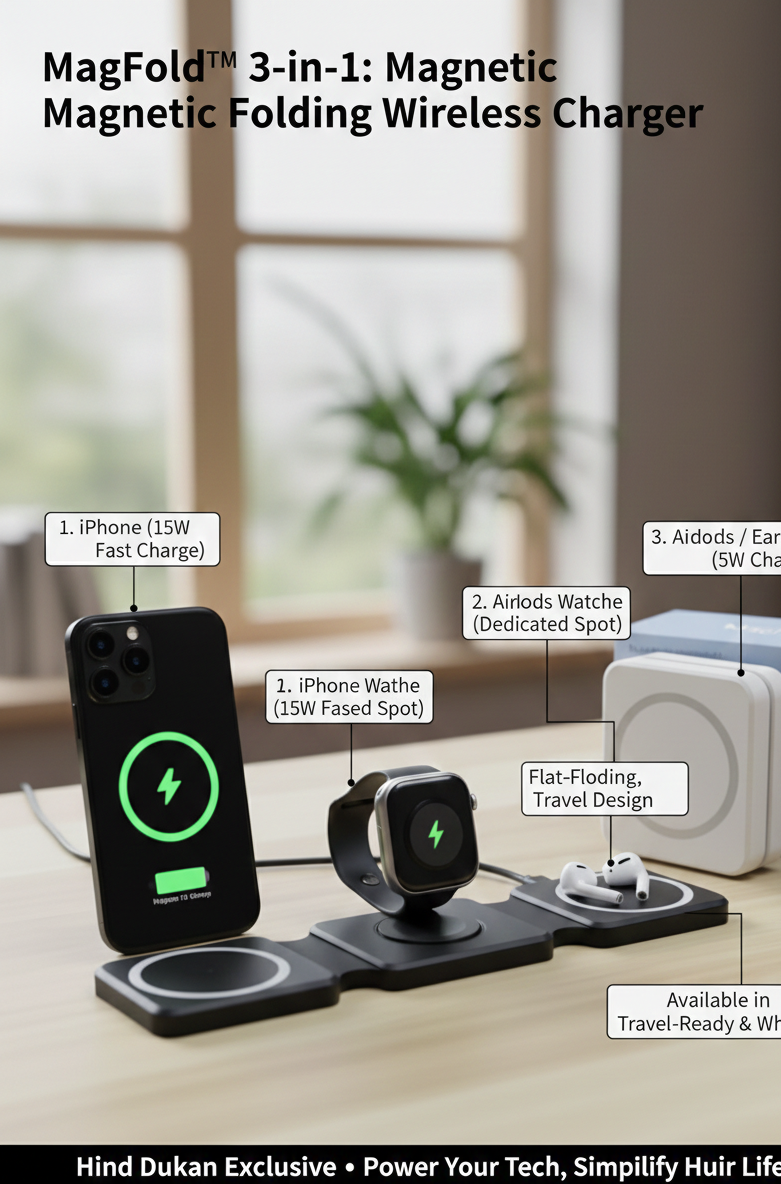 MagFold™ 3-in-1 Magnetic Wireless Charging Station – Foldable MagSafe Ready for iPhone, Apple Watch & AirPods