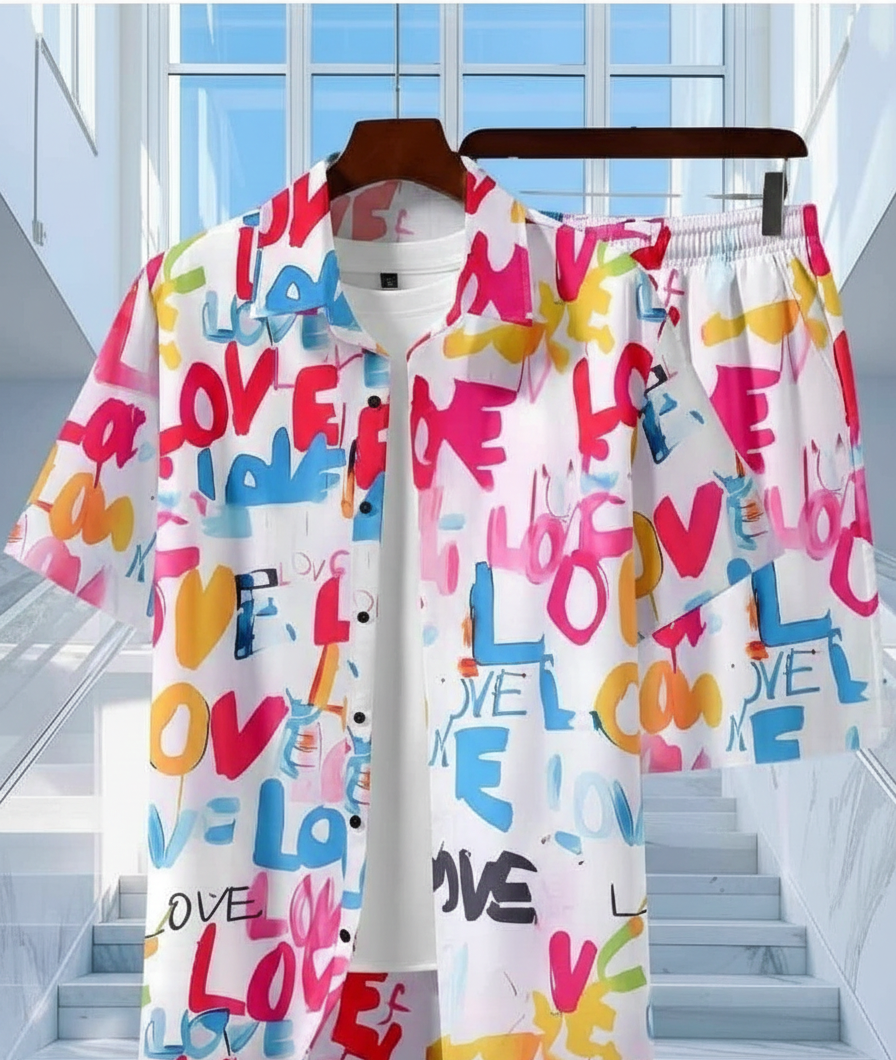 Men's Urban Graffiti Print Co-ord Set - Slim Fit Cotton Blend Summer Shirt & Shorts