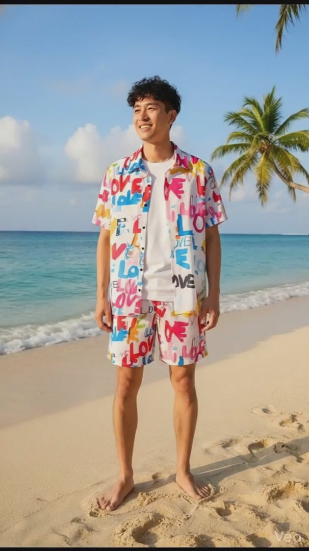 Men's Urban Graffiti Print Co-ord Set - Slim Fit Cotton Blend Summer Shirt & Shorts